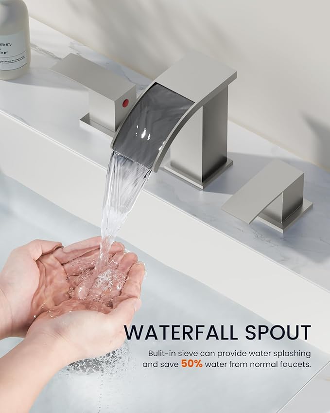 gotonovo Waterfall Bathroom Faucet 3 Hole Square Body,Brushed Nickel | SUS304 8’’ Widespread Bathroom Sink Faucet,2.17’’ Wide Spout,24’’ cUPC Hose,Pop Up Drain,2 Handle,Vanity,Lavatory,Basin,RV