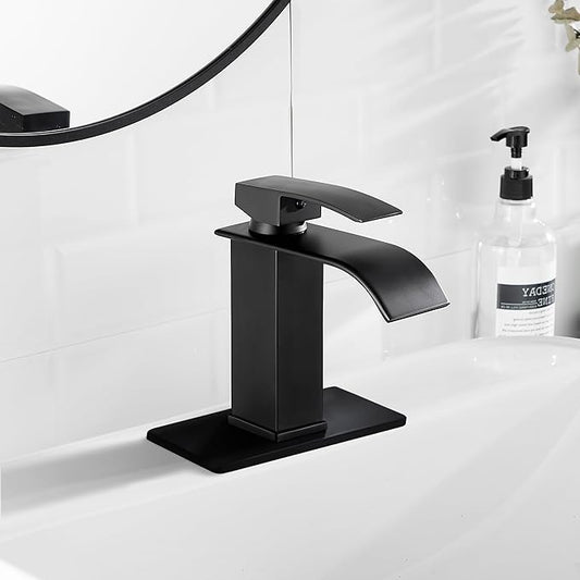 sagetta Waterfall Bathroom Sink Faucet Single Hole Black with Three Hole Cover Deck Plate, Pop up Drain and Water Hoses Stainless Steel Vanity