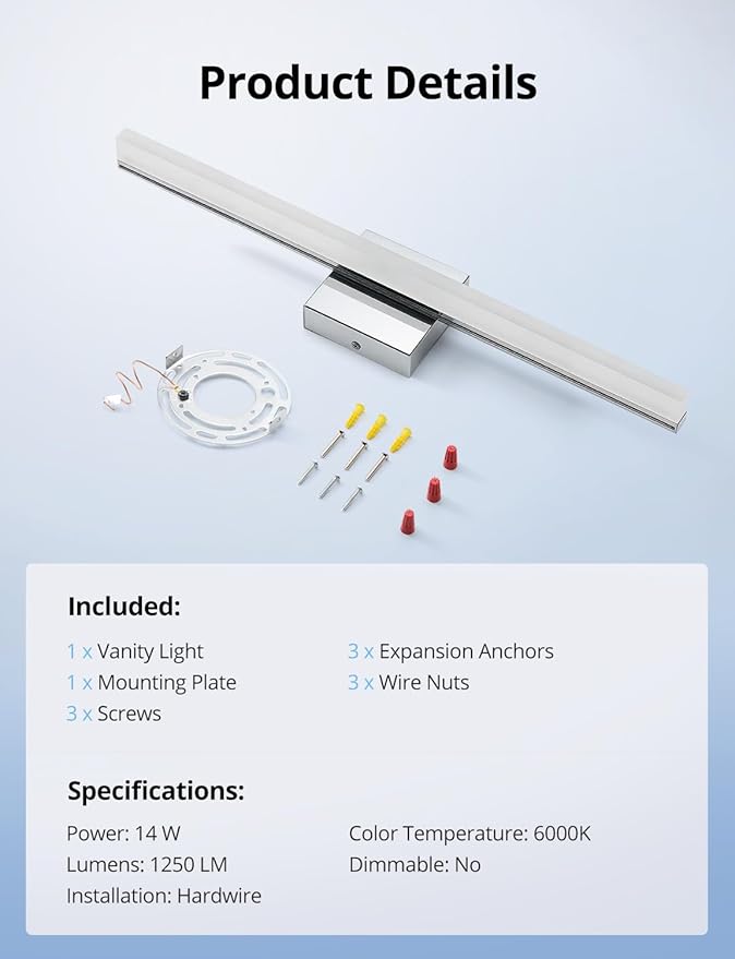 24 Inch Vanity Lights Above Mirror Modern Gentle Lighting Bar for Bathroom, LED Lámparas para Baño sobre Espejo Modernas Chrome Long Restroom Lamp Fixtures for Makeup Daylight 6000K