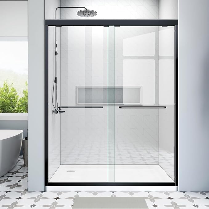 48 Inch Glass Shower Door with 1/4" (6mm) Clear SGCC Tempered Glass,44-48 in.W x72 in.H Semi-Frameless Sliding Shower Door,Matte Black Hardwares with 4'' Adjustable Rail,304 Stainless Steel Handles
