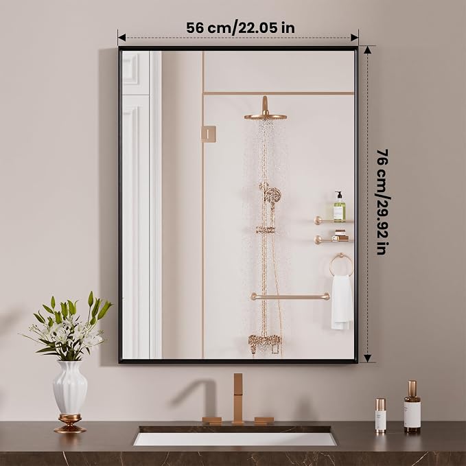 LOAAO Black Bathroom Mirror 22"X30" Rectangle Vanity Mirror | Tempered Glass, Hangs Vertically or Horizontally, Easy to Install, Wall Mounted, Modern Design