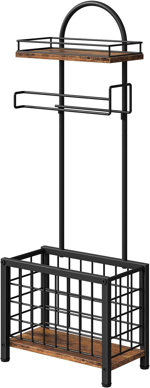 Toilet Paper Holder Stand, Freestanding Toilet Paper Holder with Shelf & Basket, Bathroom Tissue Organizer for Small Space, 3-Tier Storage for Bath Toilet Office Rustic Brown and Black TTS70BF