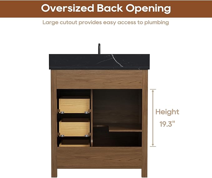 30 Inch Bathroom Vanity with Sink, Farmhouse Solid Wood Frame Vanity with Sink, Sliding Barn Door Bathroom Storage Cabinet with Soft-Closing Dovetail Drawers, Brown Oak
