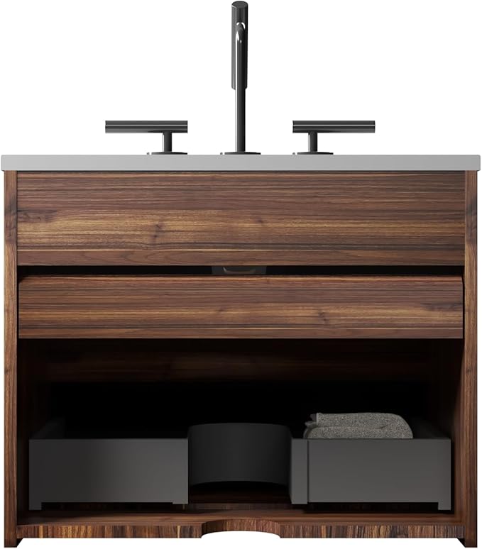 24" Floating Bathroom Vanity with Sink, Modern Wall Mounted Floating Vanity with Ceramic Sink, Double Soft-Close Drawers for Small Space, Apartment, Walnut+Black