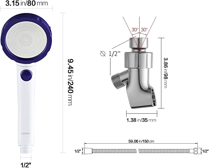 High Pressure Handheld Shower Head with ON/OFF Pause Switch | 3 Spray Modes Shower Wand with Shut Off Button, Camper & RV Showerhead with Hose & Angle Adjustable Bracket, White & Blue