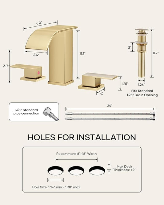 Waterfall Bathroom Faucet 3 Hole, Brushed Gold 8 Inch Widespread Modern 3 Piece Bathroom Sink Faucet, Touch On Lavatory Faucet for Vanity RV Restroom, Curved Spout