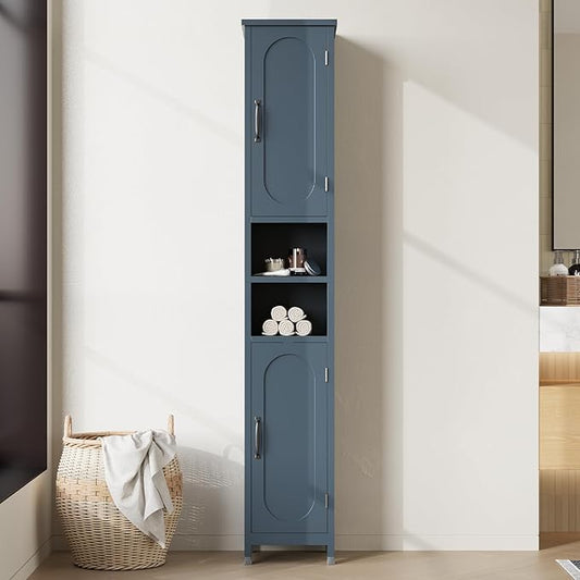 67" Tall Bathroom Storage Cabinet with Lights, Slim Narrow Bathroom Cabinet Organizer with Doors and Adjustable Shelves, Tall Cabinet for Small Space (66.9" Tall-Blue with Light)