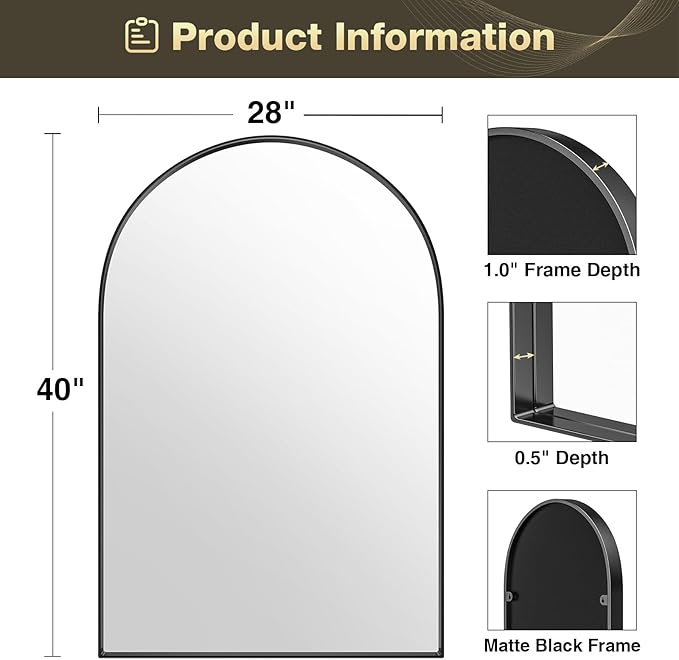 Brightify Arched Mirror, 28 x 40 Inch Black Arch Wall Mirror, Metal Frame Black Bathroom Mirror, Top Bathroom Vanity Mirror for Living Room Bedroom Mantel Entryway Hallways