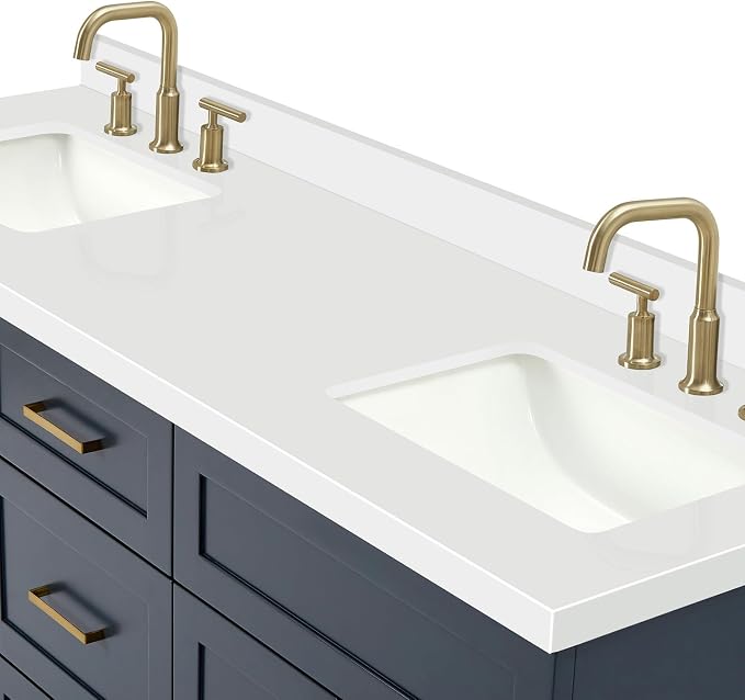 Bradford 66" Midnight Blue Double Bathroom Vanity, 1.5" Pure White Quartz Countertop, Double Rectangular Undermount Sinks, Soft-Close Doors, Dovetail Drawers, Satin Brass
