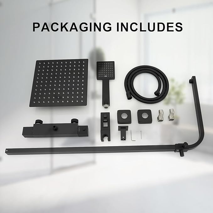 Matte Black Exposed Shower System 9 Inch Rainfall Shower Head | Handheld Spray Single Handle Center Wall Mount Bathroom Shower Faucet with Square Shower Head by Homevacious