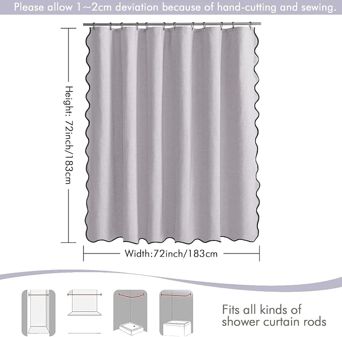 MIULEE Lavender Scalloped Linen Shower Curtain 72x72 Inches | Linen Textured, Waterproof, Washable, 12 Metal Hooks, Heavy Duty Cloth, Black Border, Shower Curtain for Bathroom Bathtub