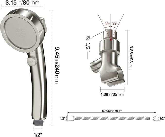Brushed Nickel High Pressure Handheld Shower Head with ON/OFF Switch, 3 Spray Modes, Adjustable Angle Bracket, and Hose | 3 Spray Modes Shower Wand with Shut Off Button, Camper & RV Showerhead with Hose & Angle Adjustable Bracket, Brushed Nickel