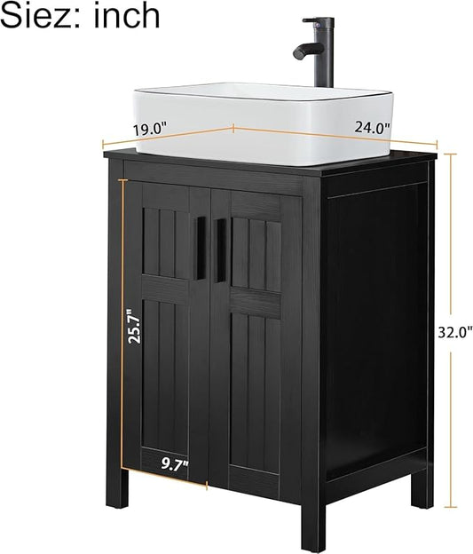 UEV Black 24" Bathroom Vanity with Sink Combo,Modern Freestanding Sink Cabinet,Stylish Bathroom Vanity Cabinet,Grooved Double Doors,Metal Handles,Modern Artistic Ceramic Vessel Sink Combo(031WH-NEW)