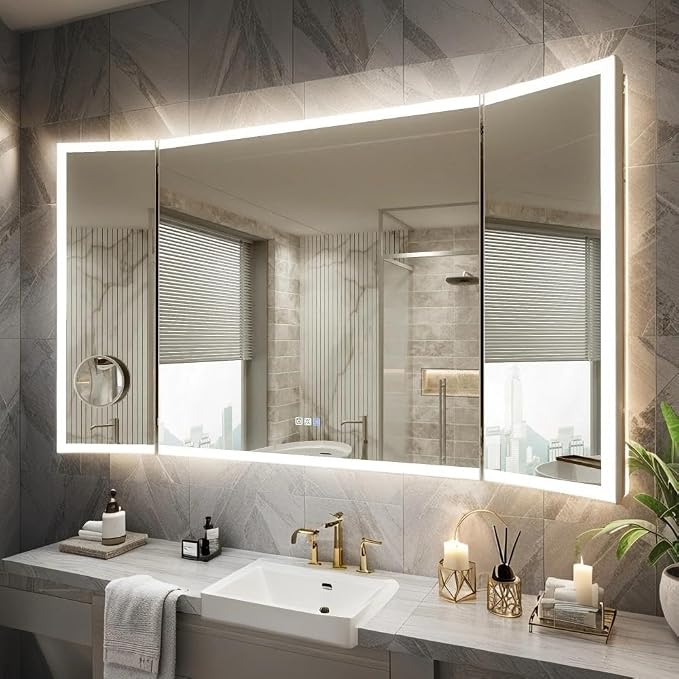 60x36 Trifold Bathroom Mirror with Lights, Removable Magnifier, 180° Foldable LED Vanity Mirror, Front & Backlit, Wall Mounted, Anti-Fog, Stepless Dimming & 3 Color Temperature Changing