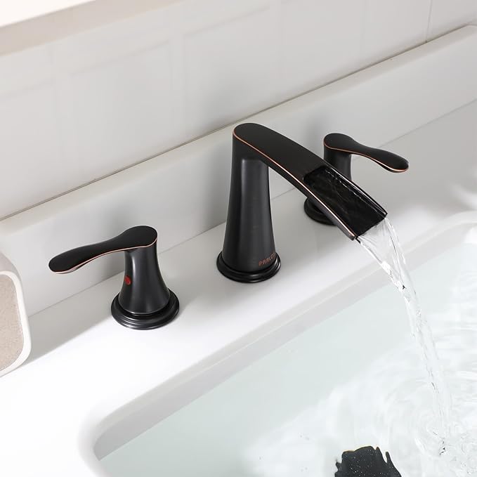 PARLOS Waterfall Widespread Bathroom Faucet Double Handles with Metal Pop Up Drain & cUPC Faucet Supply Lines, Oil Rubbed Bronze, Demeter 1431803