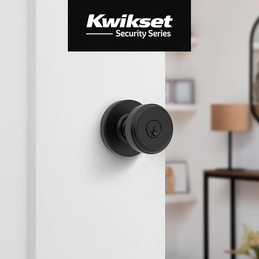 Kwikset Maven Entry Door Knob with Lock and Key, Secure Keyed Handle Exterior, Front Entrance and Bedroom, Matte Black, 4 Pack, Pick Resistant SmartKey Rekey Security and Microban
