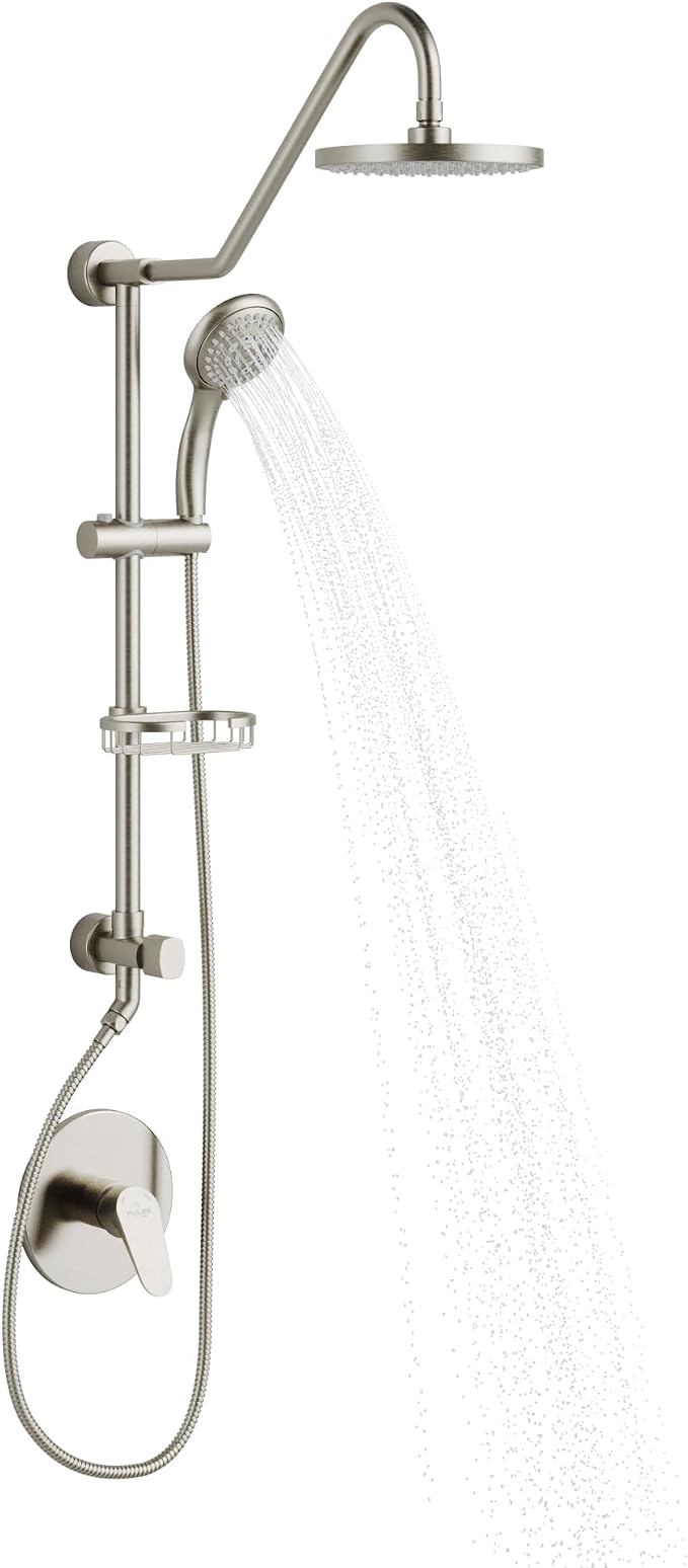 PULSE ShowerSpas Kauai III Brushed Nickel Rain Shower Head with Handheld Spray - 2.5 GPM, 8" Showerhead, 5-Function HandShower, Adjustable Slide Bar - Shower Heads with Handheld Spray Combo