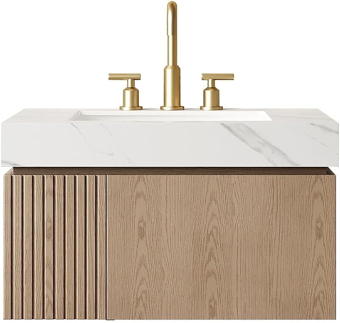 KEIKI 30 Inch Floating Bathroom Vanity with Sink, Light Brown & White | Modern Wall Mounted Storage Cabinet w/ Drawer & Door, Pre-assembled Wood Panels, Sintered Stone Top & Ceramic Basin Combo Set