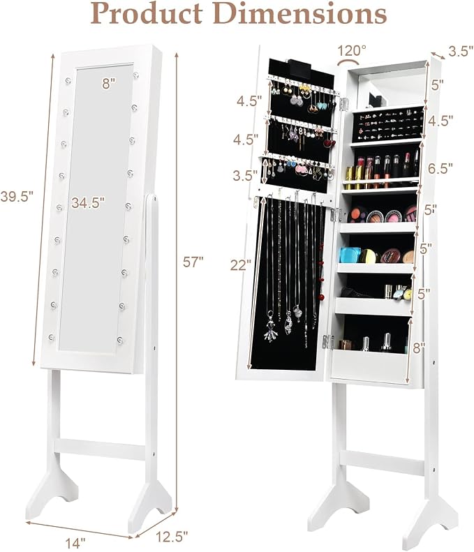 NAFORT 18 LED Lights Standing Mirror Jewelry Cabinet, Large Storage Mirror Full Length, Jewelry Armoire with Lipstick Holders, Shelves, Earring Notches, Inside Makeup Mirror (White)