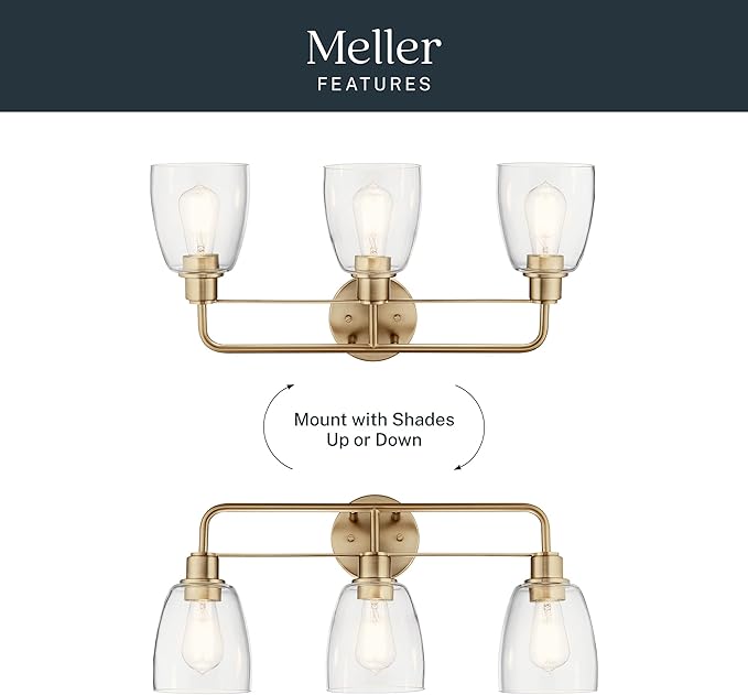 Kichler Meller 24.25 Inch 3 Light Vanity Light with Clear Glass Shades in Champagne Bronze for Bathroom or Powder Room, (24.25" W x 11.25" H x 7" D) 55102CPZ