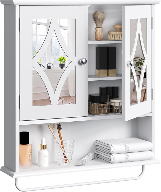 Bathroom Medicine Cabinet with Adjustable Shelves and Towel Bar, Vanity Wall Mounted Storage Cabinet with Mirror, Hanging Wall Cabinet for Bathroom, Laundry, Living Room (White)