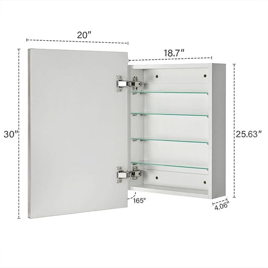 TEHOME 20'' x 30'' Brushed Nickel Recessed and Surface Mount Bathroom Medicine Cabinet with Mirror Square Cornered Metal Framed Rounded Rectangle Medicine Cabinet Mirror