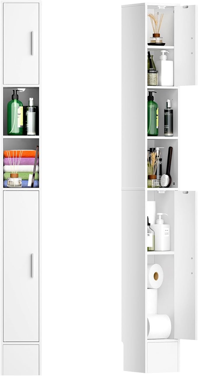 MOHOPE Narrow Bathroom Storage Cabinet, 72" Tall Slim Bathroom Cabinet with 2 Doors & Adjustable Shelves, Skinny Freestanding Floor Cabinet for Small Spaces, Living Room, White