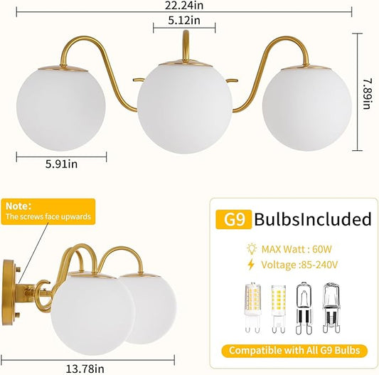 3 Lights Vintage Bathroom Vanity Light Fixtures Over Mirror, Brushed Gold Vanity Lights For Bathroom With Milk White Glass Globe Shade, Wall lights For Bedroom, Hallway, Dressing Table,Includ G9 Bulbs