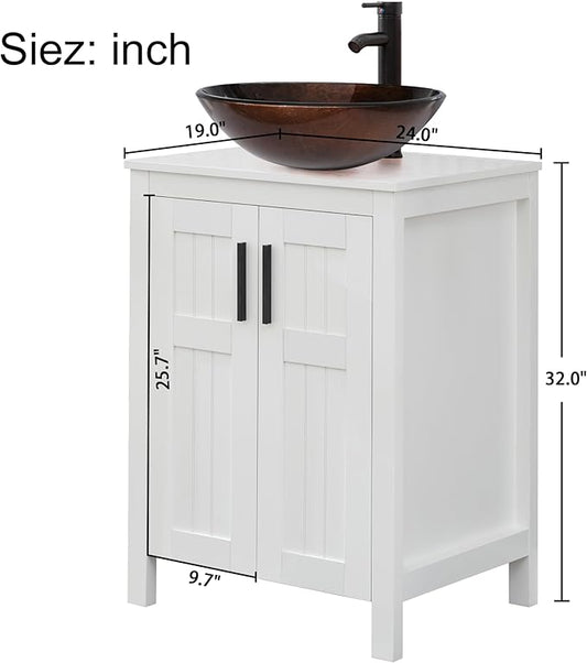 UEV White 24" Bathroom Vanity with Sink Combo,Modern Vanity with Vessel Sink,Stylish Bathroom Vanity Cabinet,Grooved Doors & Metal Handles,Modern Bronze Round Bowl Tempered Glass Vessel Sink(A09)
