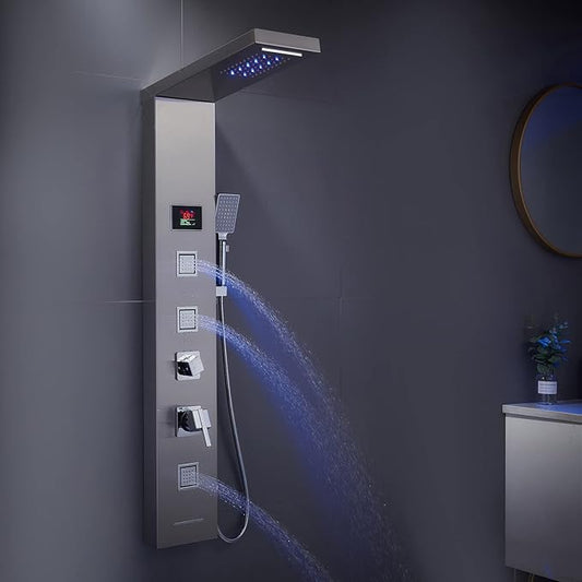 5-in-1 LED Shower Panel Tower System Stainless Steel Brushed Nickel | Rainfall + waterfall heads | 3 body jets | Handheld shower | Tub spout | LED lights | Wall mount