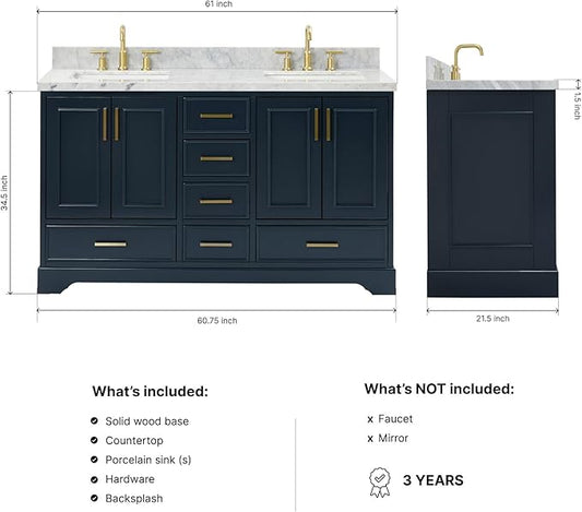 ARIEL Stafford 60-inch Bathroom Vanity with Sink,Solid Wood, 1.5-inch Italian Carrara Marble Countertop, Double Rectangular Porcelain Sink, 4 Soft Closing Doors, 6 Dovetail Drawers, Midnight Blue