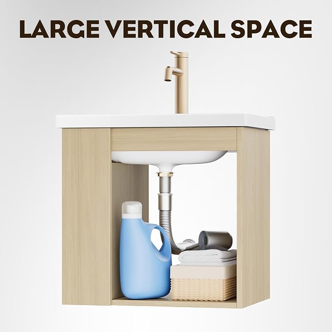 20 Inch Oak Floating Small Bathroom Vanity, Pre-Assembled Wall Mounted Cabinet with Sink, Left Side Storage, Soft-Close Door, Modern Space-Saving Design, No Faucet,BV04-20-OAK-PLUS