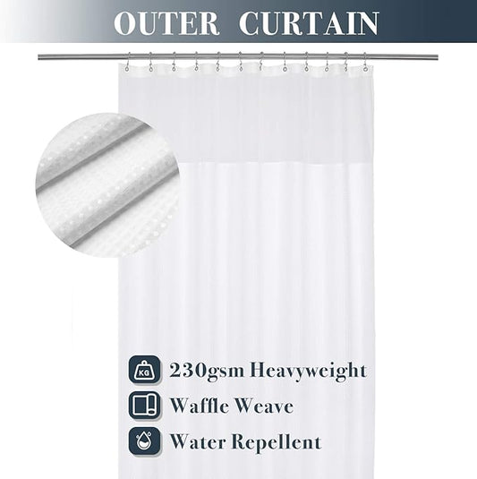 N&Y HOME Long Waffle Weave Shower Curtain with Snap-in Liner 71x75, White | 12 Hooks & Snap on Fabric Liner, Washable, Mesh Window, Hotel Style, 75 inches Length Shower Curtain Set for Bathroom
