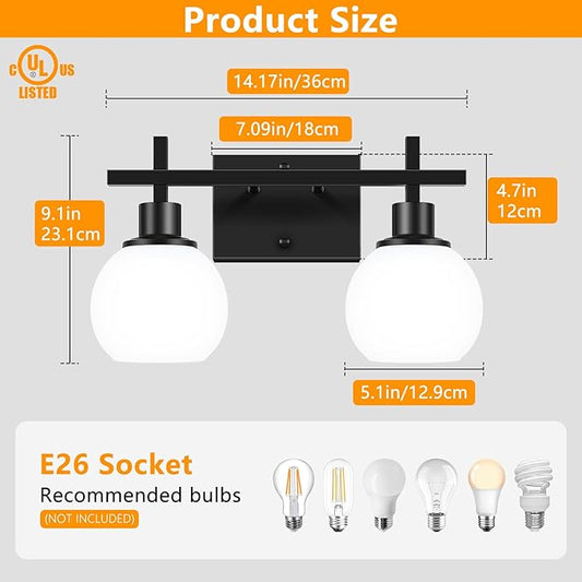 2-Light Black Bathroom Lighting Fixtures Over Mirror,Modern Vanity Lighting Fixtures,Bathroom Wall Mounted Vanity Light with Milky White Glass Lampshade for Living Room,Bedroom,Hallway