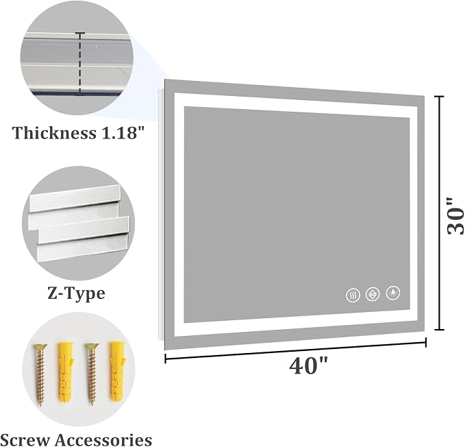 Koonmi 40x30 LED Bathroom Mirror, Shatterproof Mirror with Light | 90CRI Vanity Mirror with Anti-fog Backlit + Front Lit, 3 Color, Easy Install for Bathroom Hotel (IP65)