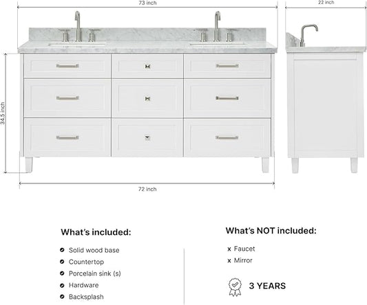 ARIEL Monroe 72-inch Bathroom Vanity with Sink,Solid Wood, 1.5-inch Italian Carrara Marble Countertop & Backsplash, Double Oval Porcelain Sink, 9 Dovetail Drawers, Brushed Nickel, White