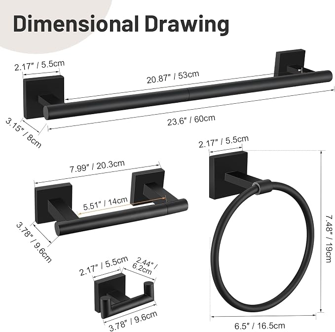 Matte Black Bathroom Hardware Set, 5-Piece Bath Towel Bar Set with 23.6” Towel Bar, Towel Ring, Toilet Paper Holder, Two Hooks, SUS304 Towel Racks for Bathroom Wall Mounted