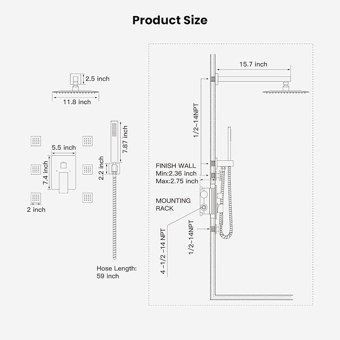 gotonovo Rainfall Shower System with Full Body Jets 6pcs Brushed Nickel | 12’’ Rainfall Shower Head with Handheld Spray Combo,Wall Mount,Rough-in Valve and Trim Kit,Brass Body Message Jets,All Metal