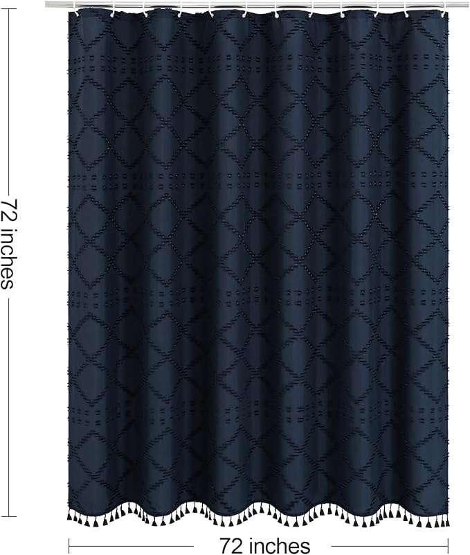 Navy Boho Woven Fabric Shower Curtain with Tassel 72 x 72, Tufted Textured | Modern Farmhouse Curtain for Bathroom, Standard Bathroom Curtain, Minimalist Decor, Waterproof