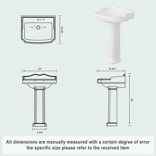 Bathroom Pedestal Sink 23 X 19 Inch | Ceramic Basin with Overflow, Single Faucet Hole, Space-Saving Design for Small Bathrooms