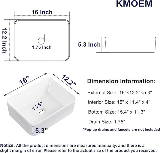Vessel Sink 16"x12" Rectangular Bathroom Sink Modern White Porcelain Ceramic Above Counter Drop-in Vanity Sink for Bathrooms Art Basin