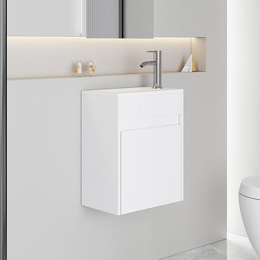 eclife 16" Small Bathroom Vanity Sink Combo, Modern Painted Wall Mounted Floating Cabinet W/Resin Basin Sink Top, Chrome Water Save Faucet & Pop Up Drain (White)