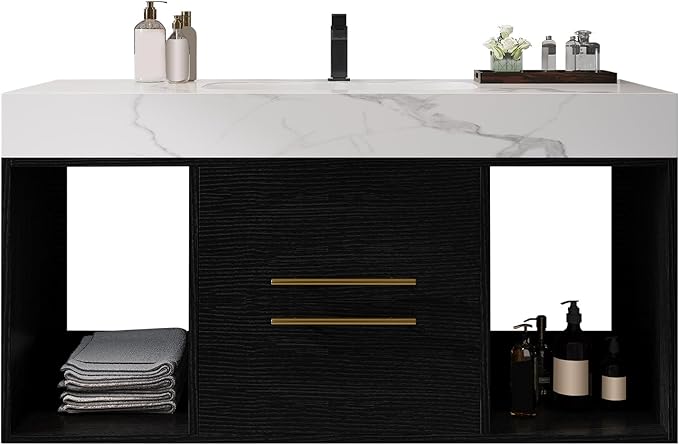 40 inch Modern Floating Bathroom Vanity with Sink, Wall Mounted Bathroom Cabinet with Ceramic Sink, Sintered Stone Countertop, 2 Soft Closing Drawers & Open Storage Shelf, Black