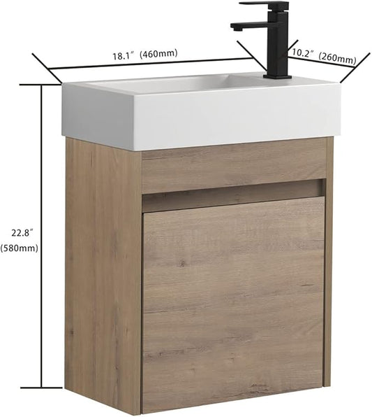 Wall Mount 18 Inch Bathroom Vanity W/Sink Combo for Small Space, Modern Design Vanity Cabinet Gel Basin Countertop, Float Mounting Design Cabinet Set with Single Soft Close Doors (without Faucet)