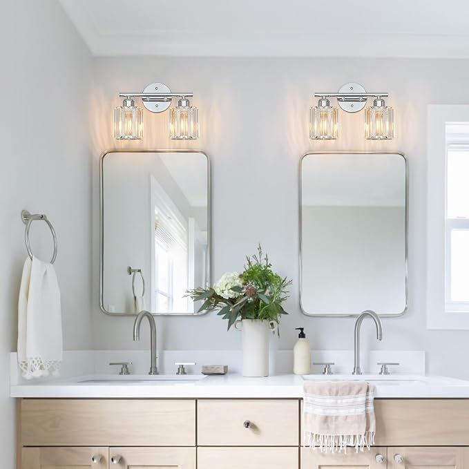 Modern 2 Light Crystal Vanity Light, Chrome Vertical Bathroom Light Fixture Over Mirror for Dressing Table Sink, Compatible with Dimmable Bulbs (Bulbs Not Included)