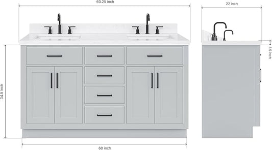ARIEL Hepburn 60-inch Bathroom Vanity with Sink,Solid Wood, 1.5-inch Carrara White Quartz Countertop & Backsplash, Double Rectangular Porcelain Sink, 4 Soft Closing Doors, 6 Dovetail Drawers, Grey