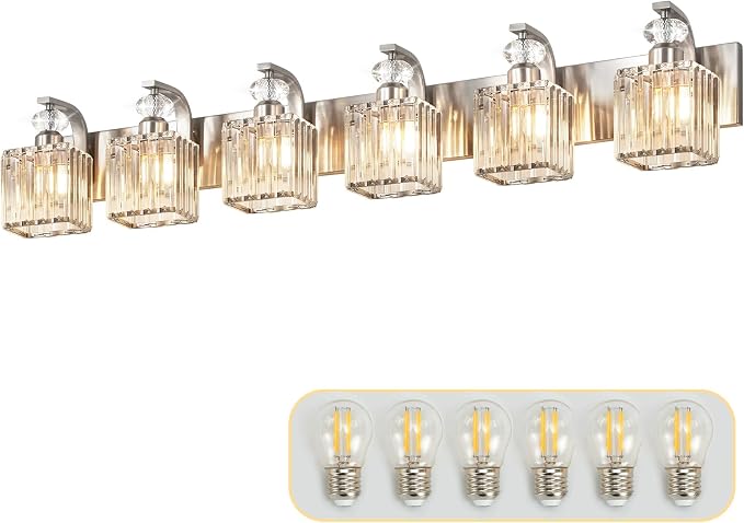 6-Light Bathroom Vanity Light Fixtures Over Mirror, Crystal Sconce | 44.1-inch Nickel Modern Wall Light for Bedroom Vanity Living Room Hallway, Ceramic E26 Lamp sockets, Includes 6 LED Bulbs