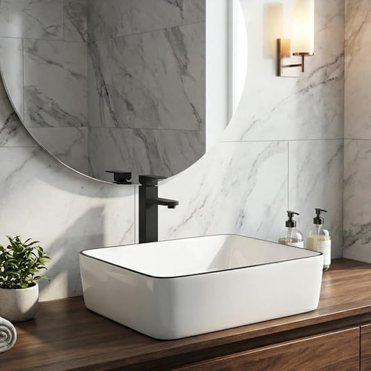 Ceramic Bathroom Sink, White 19" x 15" Above Counter Porcelain Vessel Sink | Black Faucet, Pop Up Drain, Rectangle, Easy Clean
