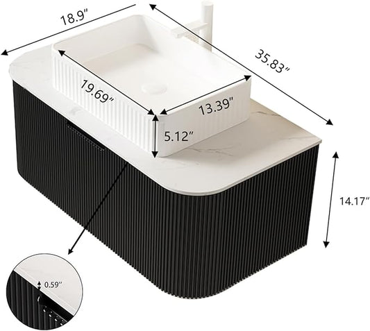 Yayzy 36" Floating Bathroom Vanity with Sink, Solid Wood Fluted Cabinet, White Fluted Square Ceramic Basin & Faux Marble Top, Soft-Close Drawer, Pre-Assembled, Gloss Black
