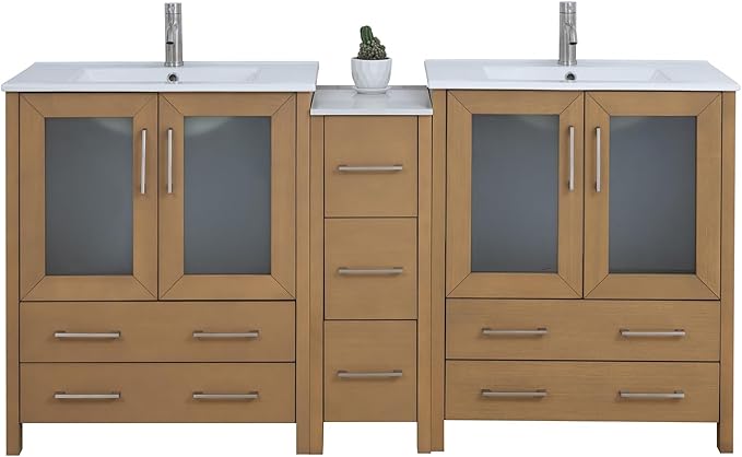 Vanity Art 72 Inch Under Mount Double Sink Bathroom Vanity Cabinet with 2 Mirrors, Ceramic Top Bathroom Cabinet Compact Set with 7 Dovetail Storage Drawers and Brushed Nickel Handles, VA3030-72-NO